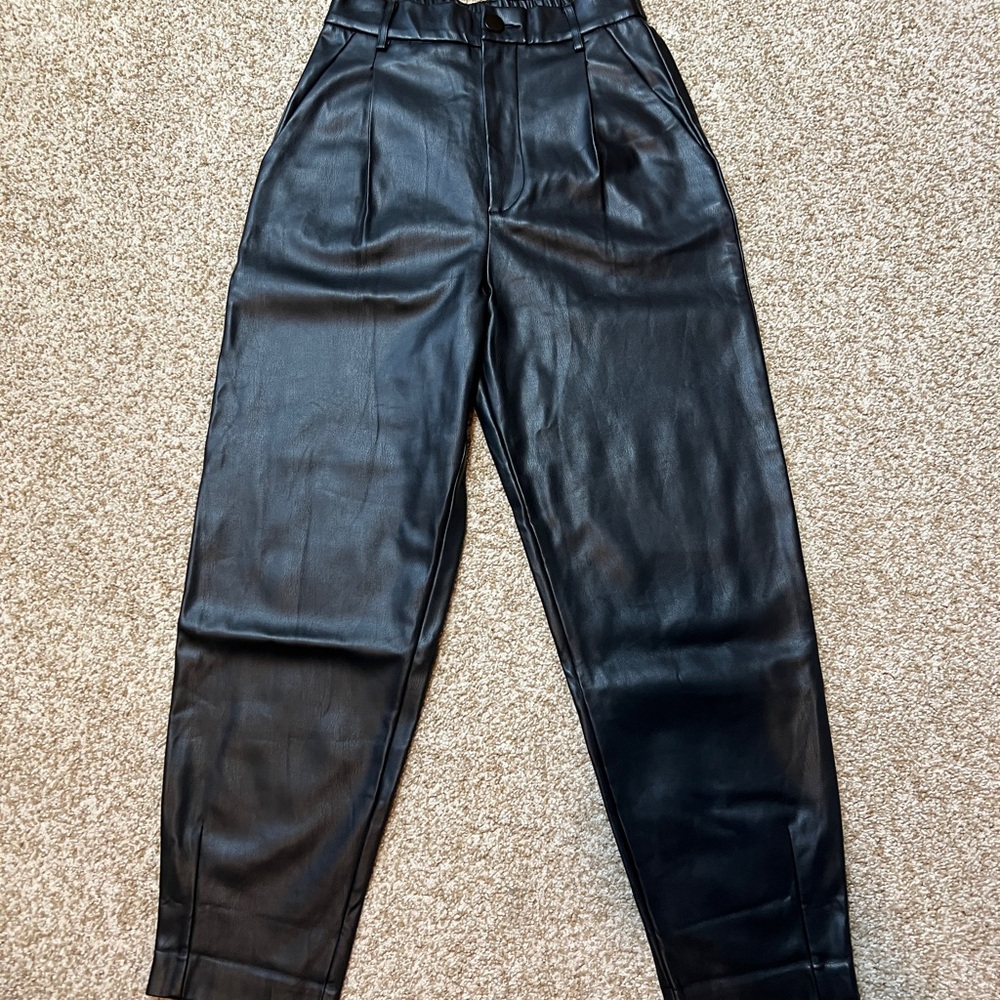 ZARA Faux Leather High-Waist Tapered Pants Black